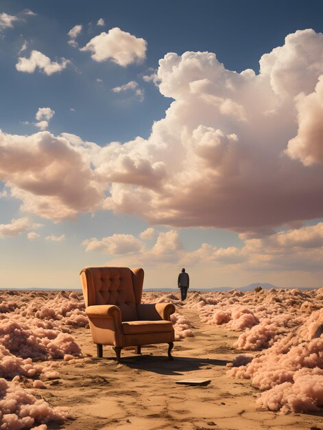 a man with a chair and sky