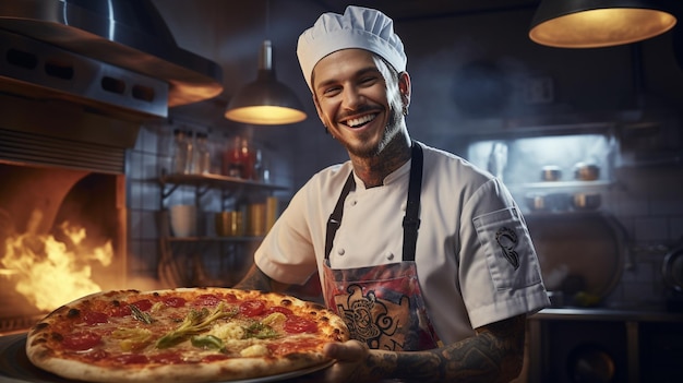 A man with chef hat smiling and holding pizza