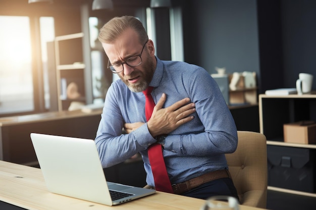 Photo man with chest pain suffering from heart attack in office