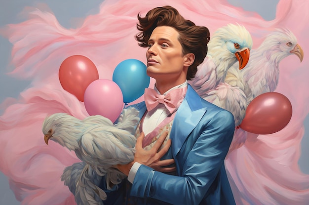 Photo man with chickens and balloons