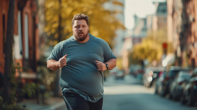 Man with a chubby physique body runs down the street in sports clothes sports training weight loss