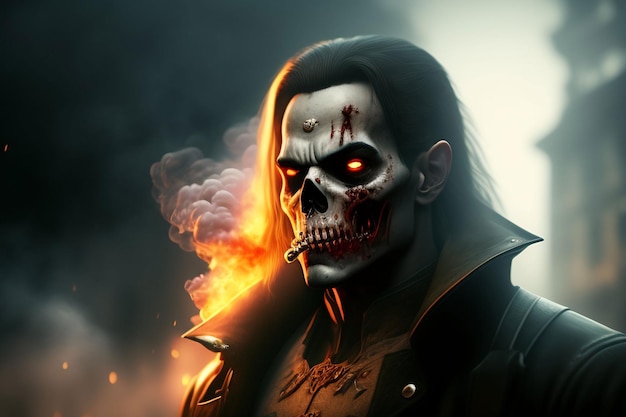 A man with a cigarette in his mouth and a burning face.