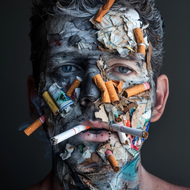 a man with a cigarette in his mouth and the word smoking on his face