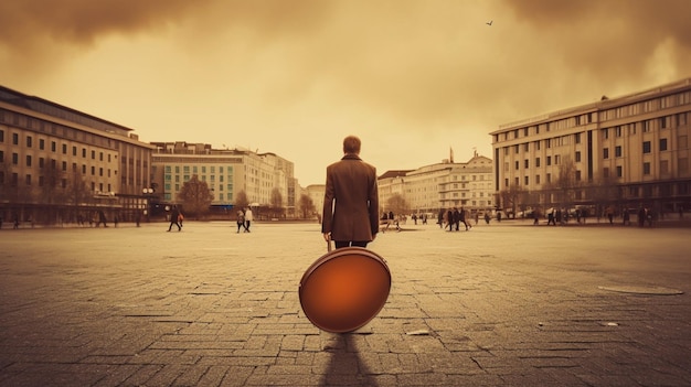 A man with a circle on his back stands in a square with a city in the background.