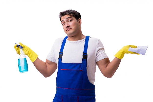 Man with cleaning agents isolated on white 