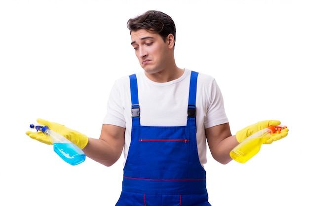 Man with cleaning agents isolated on white 