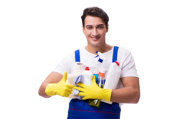 Man with cleaning agents isolated on white 