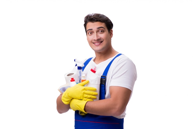 Man with cleaning agents isolated on white 