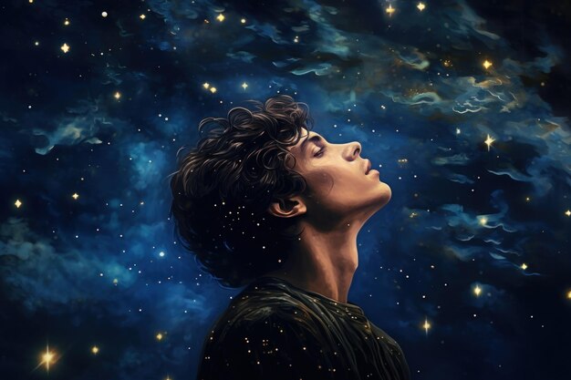 Foto un uomo con gli occhi chiusi e i capelli ricci è circondato da una galassia colorata sullo sfondo è blu scuro