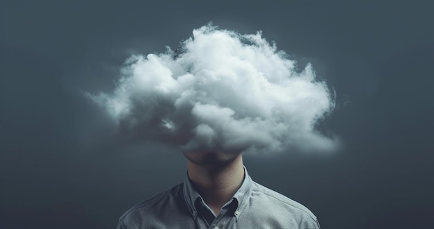 頭の上に雲を掲げた男 孤独と鬱を描いた抽象的な概念