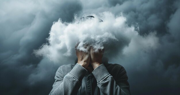 Man with cloud over his head depicting solitude and depression abstract concept