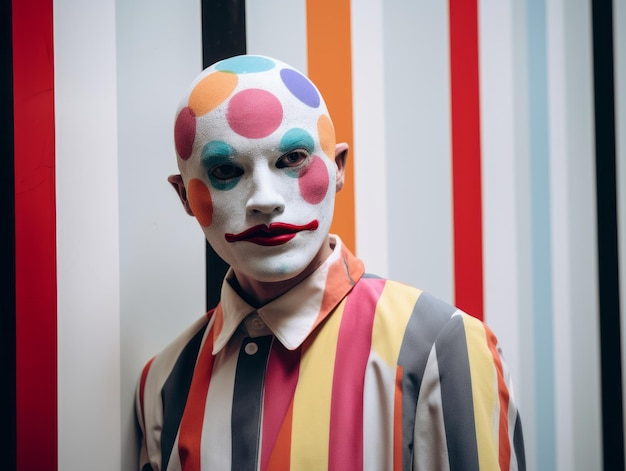 a man with a clown face painted on his face standing in front of a striped wall