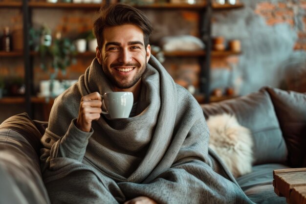 man with coffee cup wrapped in a warm couch at home