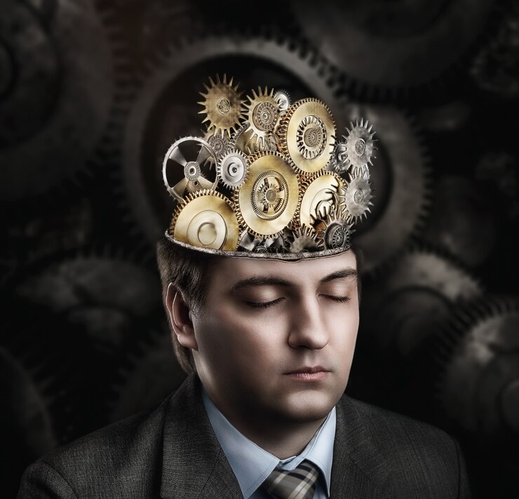 Photo man with cogwheel mechanism in his brain