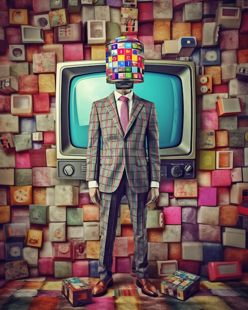 A man with a colorful cube on his head stands in front of a tv.