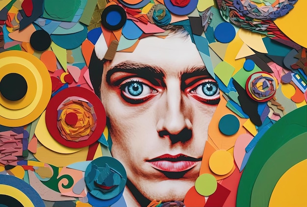 a man with colorful eyes and a background