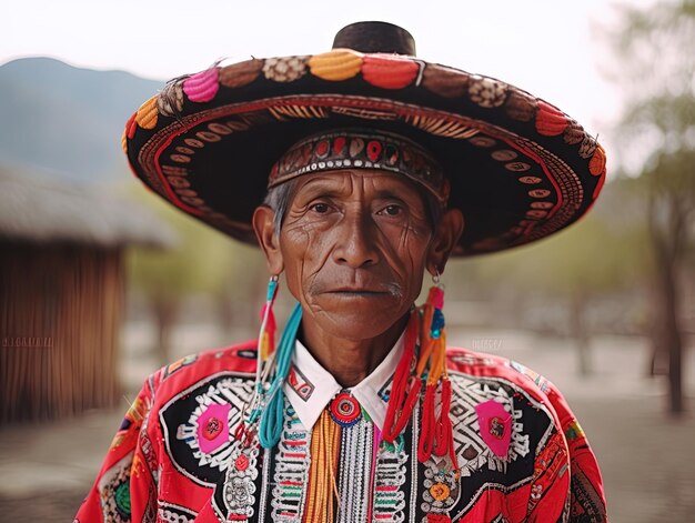 a man with a colorful hat and a colorful shirt on his head