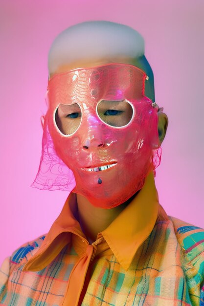 A man with a colorful mask and a large eye ring on his face