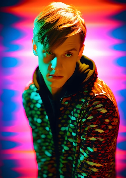 Photo a man with a colorful neon light behind him