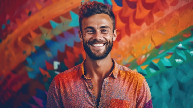 A man with a colorful shirt that says'happy'on it