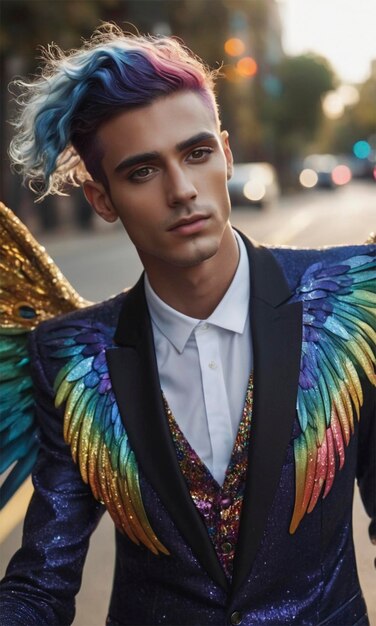 Photo a man with a colorful wings on his jacket