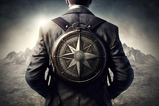 A man with a compass on his back is standing in front of a mountain.