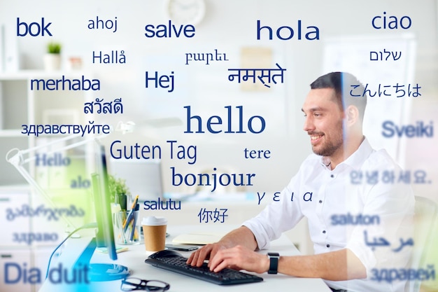 man with computer over words in foreign languages