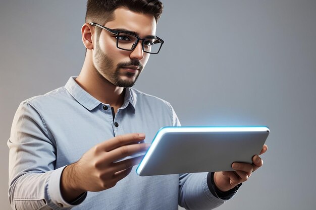 Man with copyspace and futuristic device