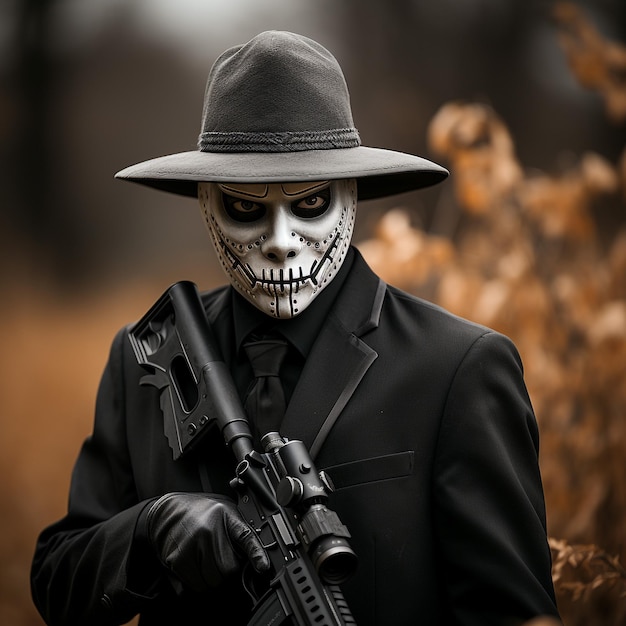 Man with a crazy hat on his head and a glock gun in his right hand instead of a pumpkin