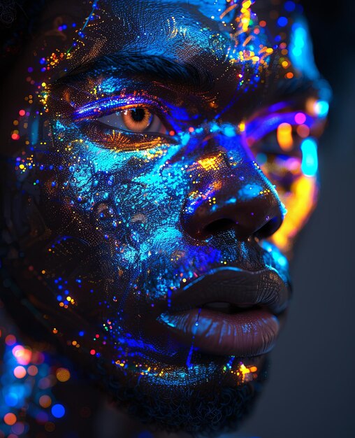 man with creative face in neon lights