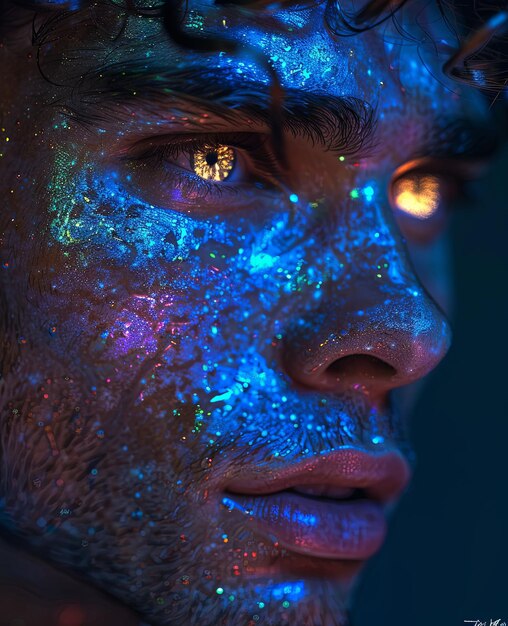 man with creative face in neon lights