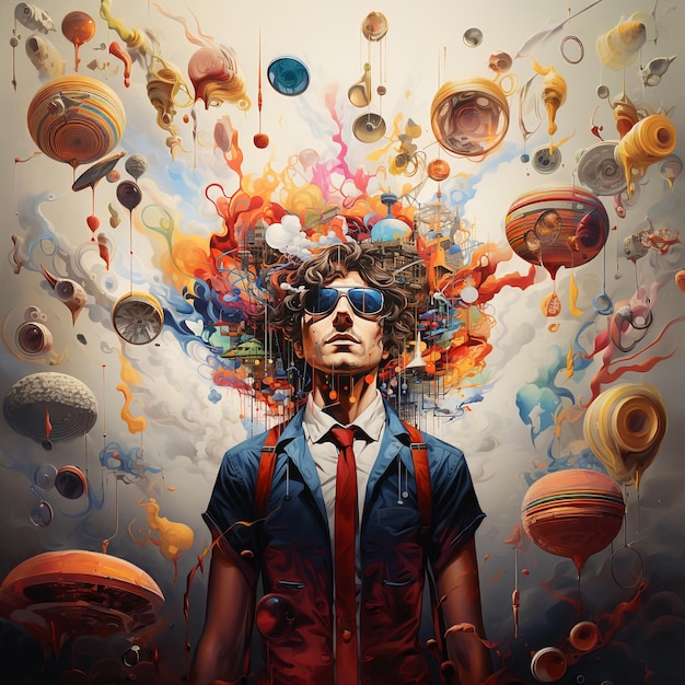 Man with creative mind exploding brain full of ideas and imaginationdreams and emotion inner world