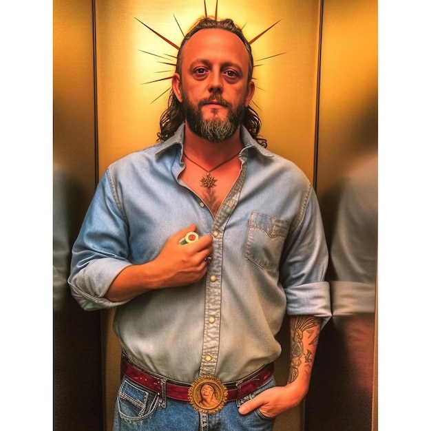 a man with a cross on his chest stands in a elevator
