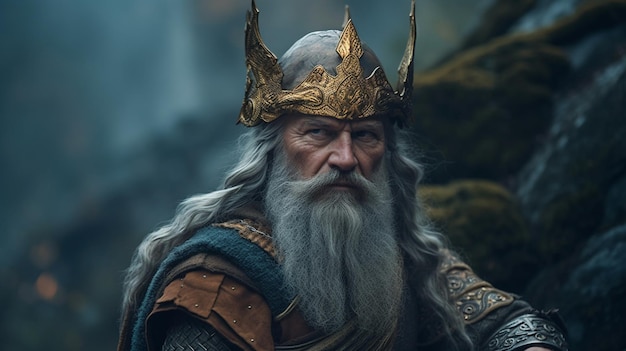 A man with a crown and a beard wearing a silver crown stands in front of a mossy rock.