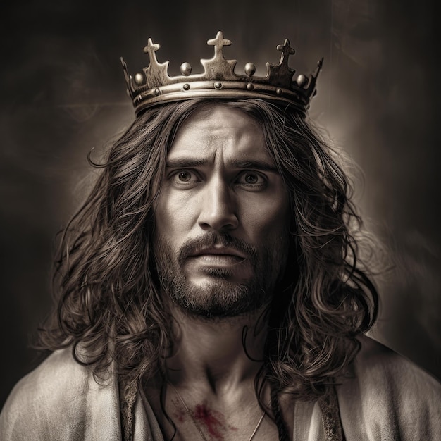 A man with a crown on his head and a cross on his chest.