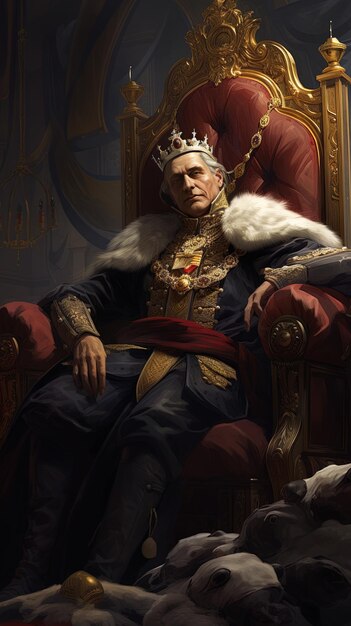 a man with a crown sits in a chair with a crown on it