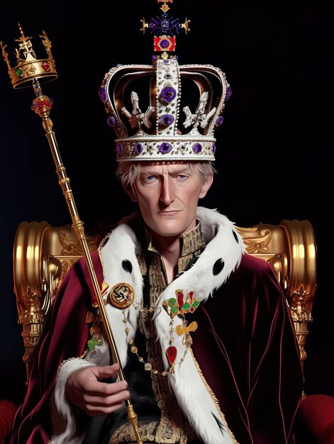 Photo a man with a crown and a sword in front of a black background