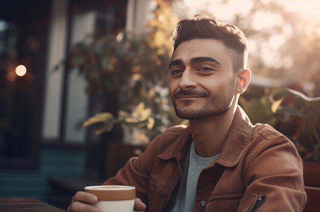 居心地の良いテラスでコーヒーを飲んでいる男性AIを生成します