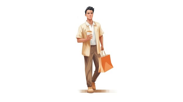 Мужчина с чашкой кофе идет по улице в пастельно-оранжевых тонах Парень вышел из кофейни с чашкой кофе в руке