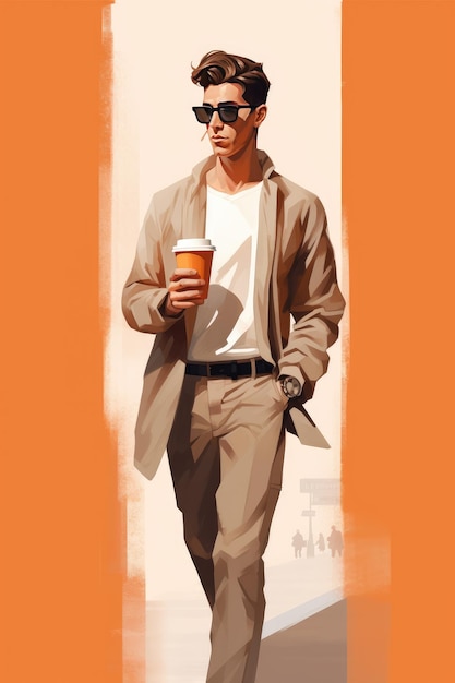 Man with a cup of coffee is walking down the street pastel orange tones The guy came out of the coffee shop with a cup of coffee in his hand