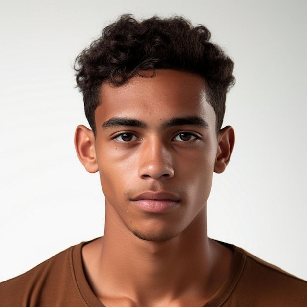 a man with curly hair and a brown shirt is standing against a white background.