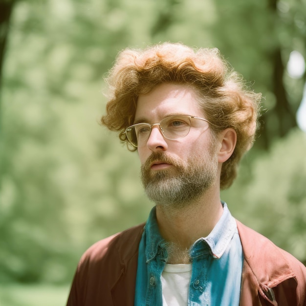 Un uomo con i capelli ricci e gli occhiali si trova in un parco.