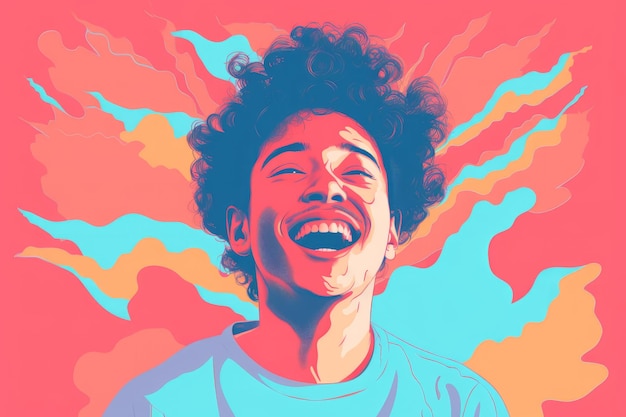 a man with curly hair is laughing in front of a colorful background