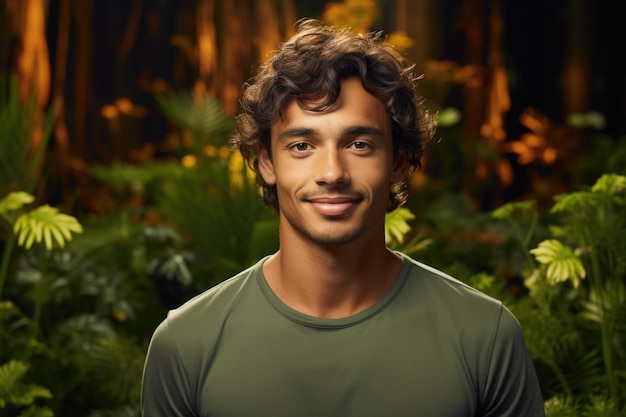 Man with curly hair is smiling in green shirt
