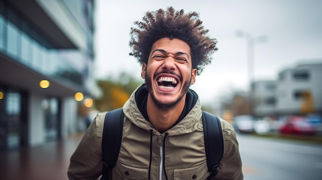 A man with curly hair laughing