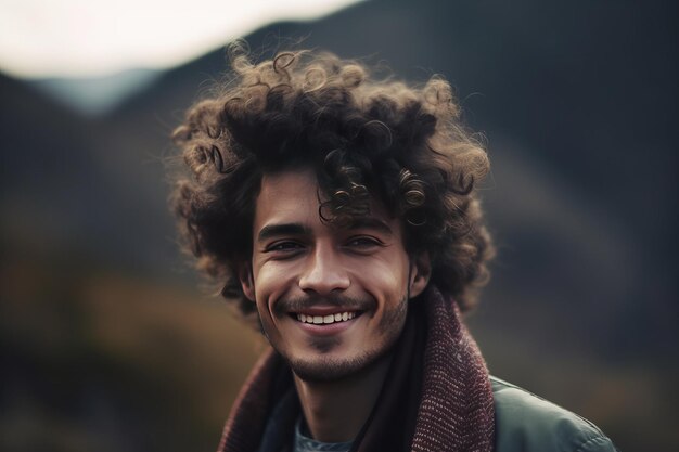 A man with curly hair and a scarf around his neck