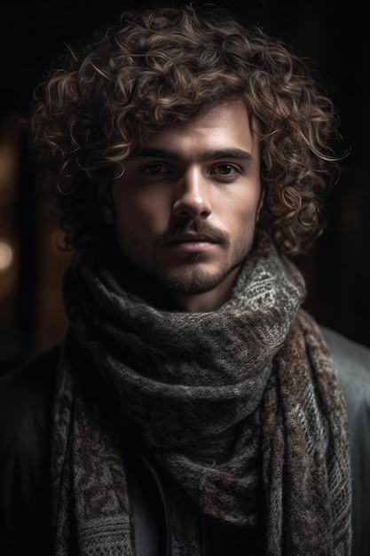 Premium Photo | A Man With Curly Hair And A Scarf Is Standing In A Dark  Room.