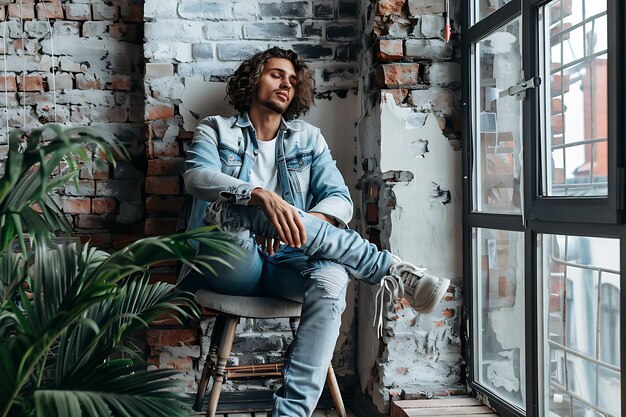 Man with curly hair sitting on a chair fashion studio