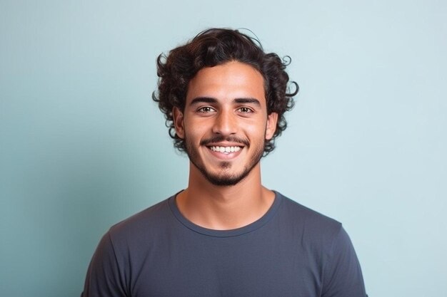 a man with curly hair smiling and wearing a black shirt