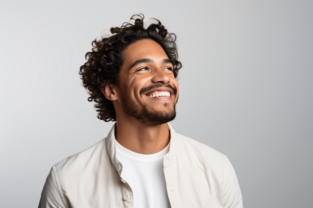 a man with curly hair smiling and wearing a white shirt